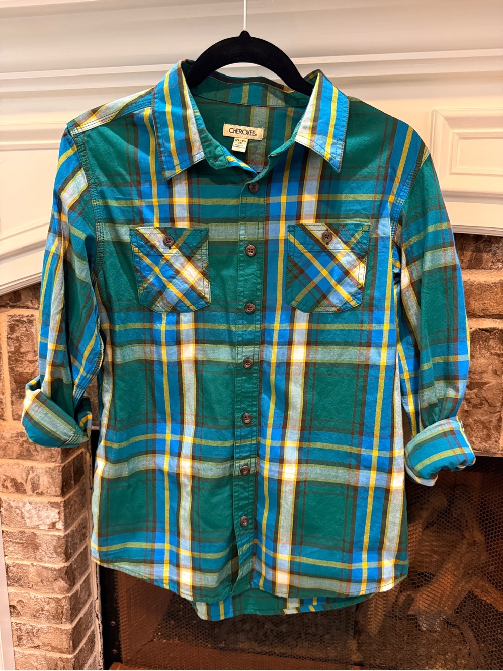 Cherokee XL Boys Green, Blue, and Yellow Plaid Button-Down Shirt